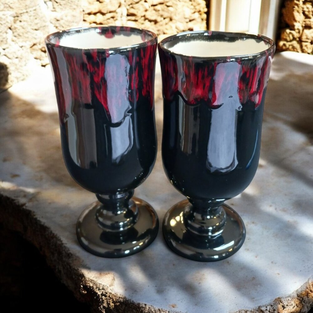 Vintage Gothic Drip Glaze Goblets Black Red Ceramic Chalice Signed Set of Two